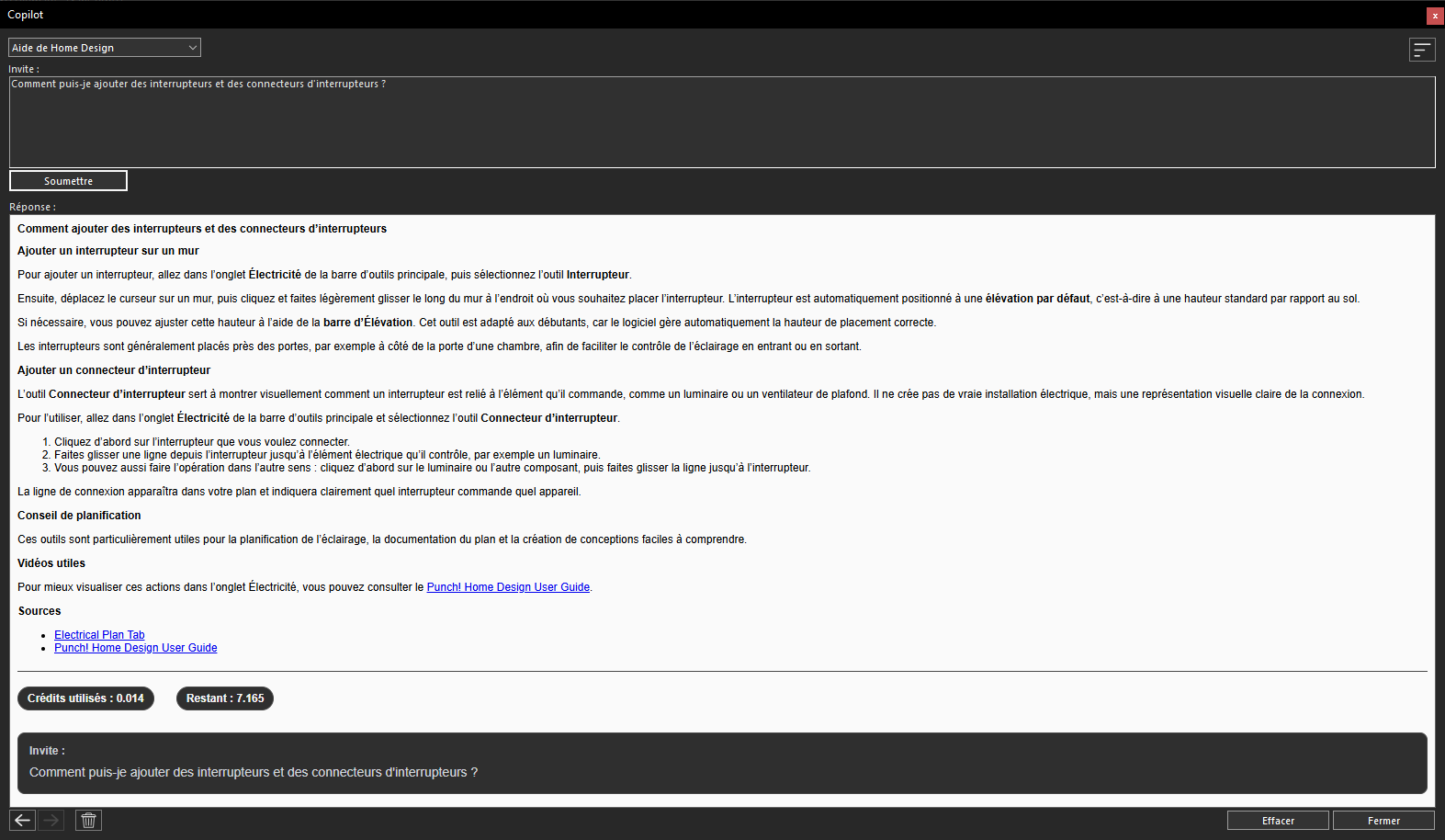 Réponse détaillée générée par l'IA de Copilot dans le panneau Aide de Home Design, avec des conseils et des informations d'assistance
