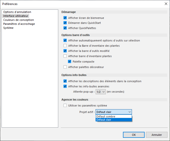 Menu déroulant Projet actif affichant les options de thème clair et sombre